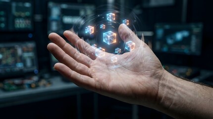 Fototapeta premium Holographic cubes hover over open palm in futuristic data center