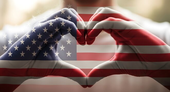 Hands forming heart shape with usa flag