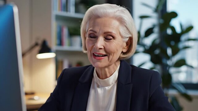 Senior professional woman having a video call in the office. Mature executive during a job interview or business meeting. Leadership and career success concept