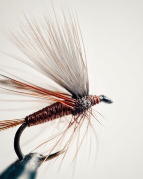 Extreme close-up of a detailed fly fishing lure featuring a brown body, long hackle fibers, and a sharp hook, isolated on a clean white background
