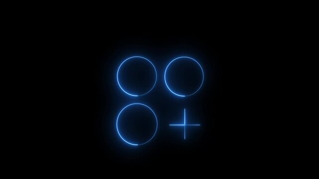 Abstract glowing neon light circle three and plus sign animation.