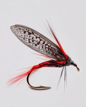 Highly detailed macro photograph of a Red Tag fly pattern featuring a peacock herl body, red tail accent, and traditional design for grayling fishing, isolated on a clean white background