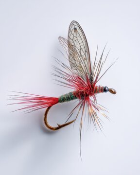 Highly detailed macro photograph of Red Tag fly pattern featuring peacock herl body, red tail accent, and traditional European grayling fly design on a clean white background