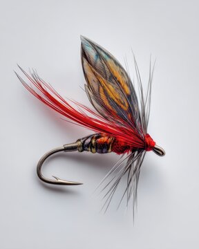 Detailed macro photograph of traditional European grayling fly featuring peacock herl body, red tail accent, and vibrant feathers, isolated on a clean white background