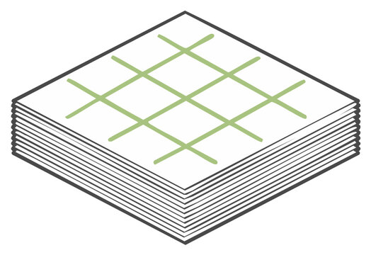 Isometric graphic illustration showing a neat stack of white papers with a light green grid