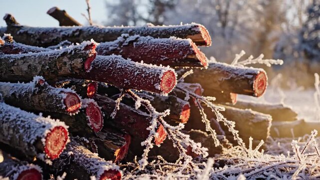 Pile of cut branches covered in heavy hoarfrost at sunrise. Close-up of stacked timber logs with red ends and ice crystals in winter sunlight. Forestry and gardening concept