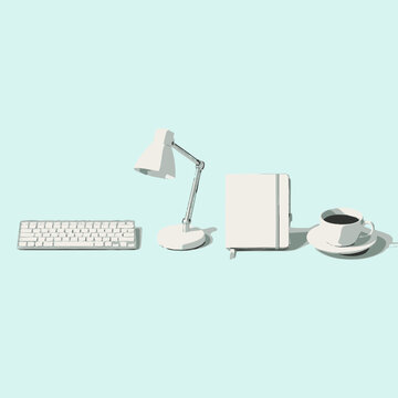 Minimalist Workspace with Keyboard, Lamp, Notebook, and Coffee Cup.