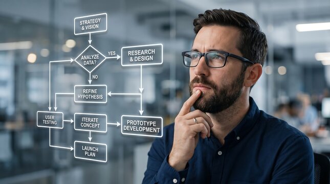 Thoughtful businessman with glasses analyzing a digital product development flowchart, focused on strategy, research, hypothesis refinement, and data analysis.