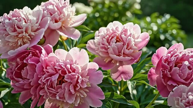 Vibrant pink peonies blooming in a sunlit garden with lush green foliage