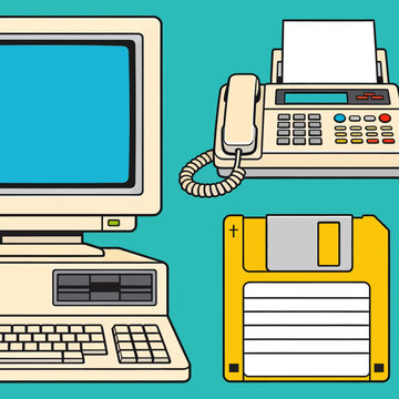 Vintage Computer, Fax Machine, and Floppy Disk on Teal Background.
