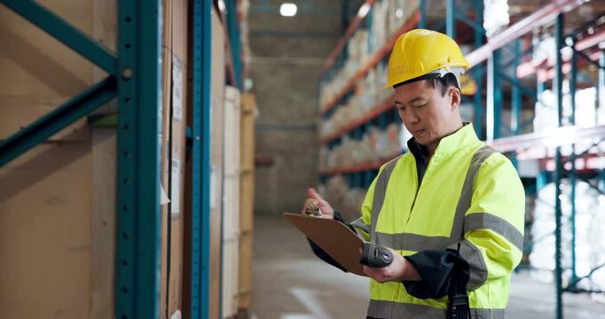 Shipping, scanner and warehouse worker with stock checklist, inventory or writing. Clipboard, man and logistics engineer with barcode reader for storage inspection, supply chain industry or cargo