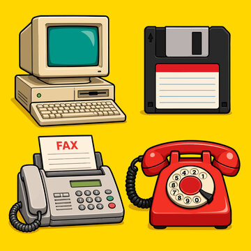 Vintage Computer, Floppy Disk, Fax Machine, and Rotary Phone Illustration.