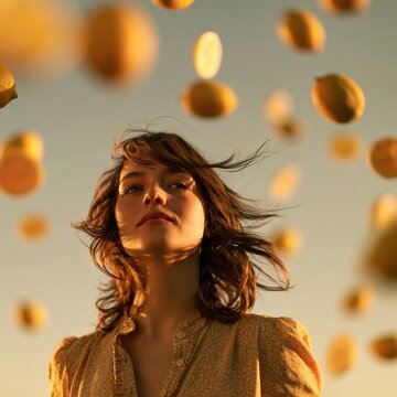 Frau blickt nach oben, w&auml;hrend Zitronen surreal im goldenen Himmel schweben - vertr&auml;umtes Konzept