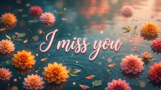 I Miss You text emotional and dreamy concept featuring soft glowing light, romantic atmosphere and heartfelt longing, expressing love, separation, remembrance, nostalgia and deep emotional connection