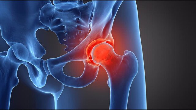 Human hip joint pain animation showing inflamed bone structure