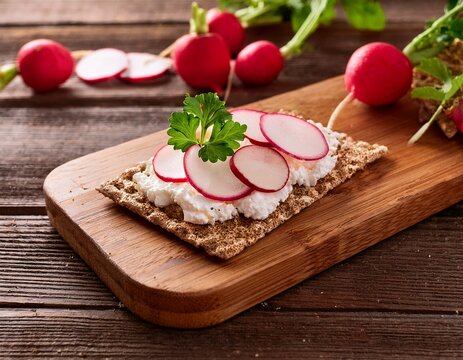 aromatic crispbread topped with creamy cheese vibrant radish slices and fresh parsley garnish on rustic wooden board