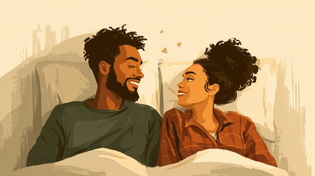 A happy couple in love communicate face-to-face while relaxing in bed.