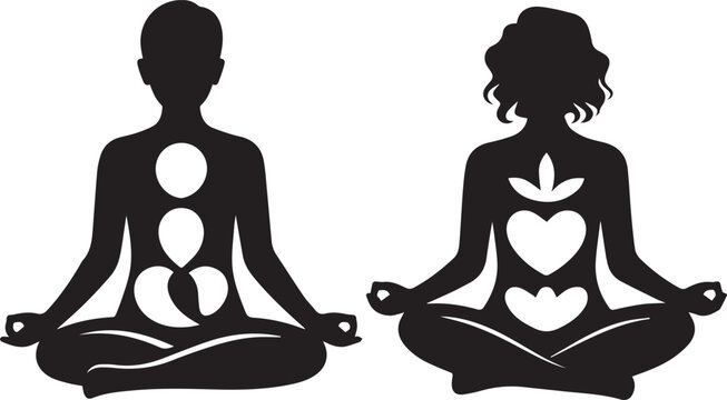 Black silhouette meditating people with chakras and heart on white background EPS illustration