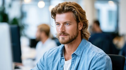 Fototapeta premium Bearded man working on computer in office environment, focused professional lifestyle, business technology concept.