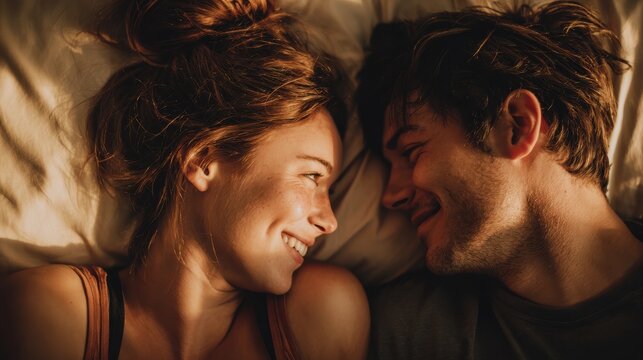 A happy couple in love communicate face-to-face while relaxing in bed.
