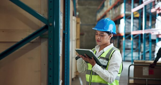 Shipping, tablet and scan with woman in warehouse for delivery confirmation, logistics or storage. Inspection update, digital inventory or cargo label with person in factory for email tracking link