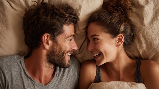 A happy couple in love communicate face-to-face while relaxing in bed.