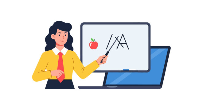 Female Teacher Vector Illustration for Online Education, Virtual Classroom and Digital E-learning with Laptop and Whiteboard