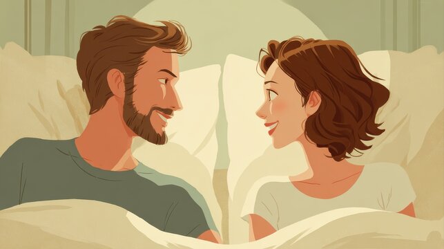 A happy couple in love communicate face-to-face while relaxing in bed.
