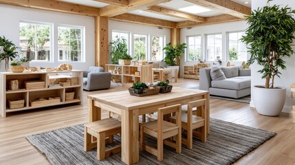Fototapeta premium Minimal beige dining room with arches and natural decor, elegant modern interior design concept.