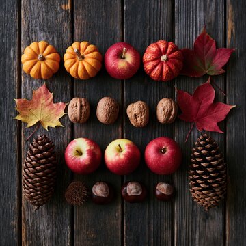 Herbstliches Flatlay von oben mit Mini-K&uuml;rbissen und Erntefr&uuml;chten in warmen Herbstfarben