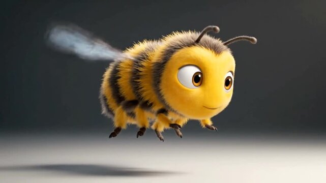 3D rendered cheerful yellow and black bumblebee in mid-flight against a smooth dark backdrop, vibrant and detailed.