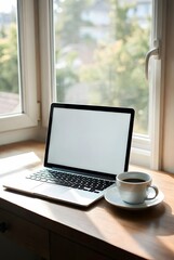 Fototapeta premium aptop with Blank White Screen and Coffee Cup on Wooden Desk for Digital Marketing Mockup. Professional workspace featuring a modern laptop with a blank white screen positioned on a wooden 