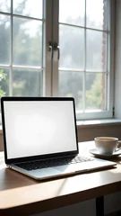 aptop with Blank White Screen and Coffee Cup on Wooden Desk for Digital Marketing Mockup. Professional workspace featuring a modern laptop with a blank white screen positioned on a wooden  © LeoArtes