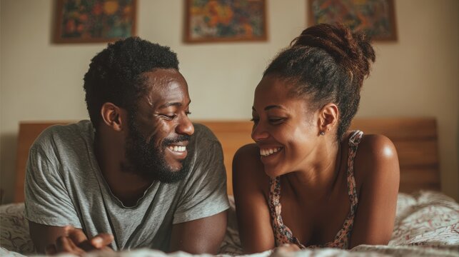 A happy couple in love communicate face-to-face while relaxing in bed.