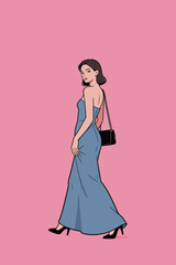 Fototapeta premium Elegant female illustration in blue gown with pink background
