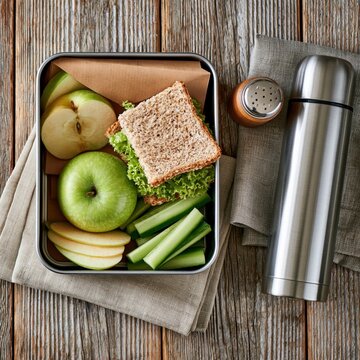 Ge&ouml;ffnete Bento-Lunchbox aus Metall mit gesundem Sandwich, Apfelscheiben und frischen Snacks