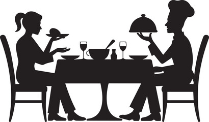 Fototapeta premium Silhouette of couple dining at restaurant table with waiter serving food and wine on white background