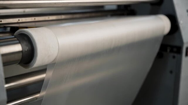 Film sheets in matte finish moving through thermal lamination machine highlighting smooth texture and antiglare surface in medium shot.
