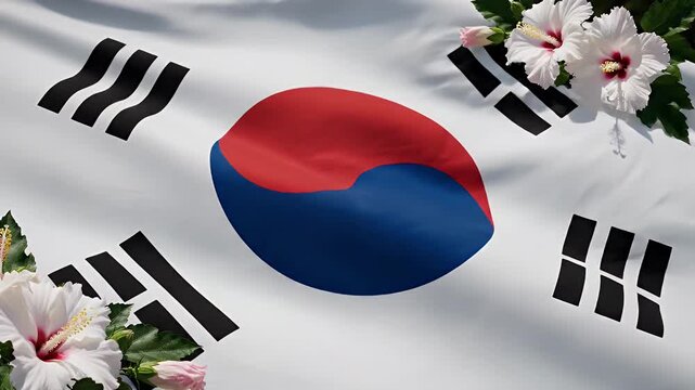 Vibrant South Korean Taegukgi Flag Framed by Delicate Pink and White Flowers