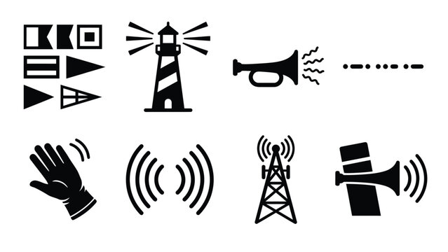Set of nautical communication and signal icons, including flags, lighthouse, horn, morse code, hand wave, signal waves, and antenna tower.