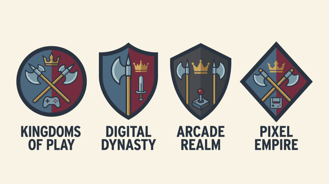 Four pixel art game emblems with axes and crowns.