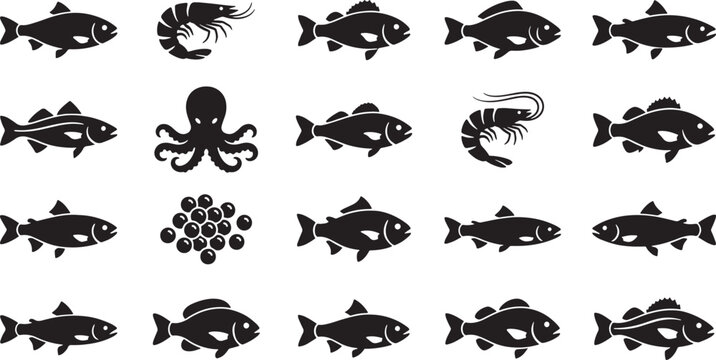 Extensive Fish and Seafood Silhouette Vector Icon Set