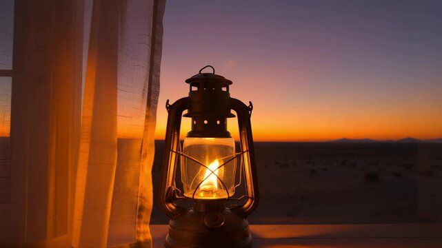 Single antique oil lantern burning by a window at sunset. Seamless looping 4k video background