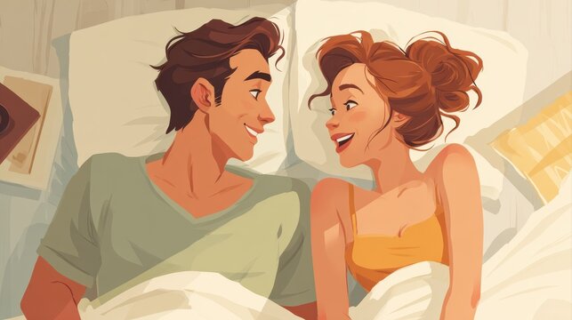A happy couple in love communicate face-to-face while relaxing in bed.