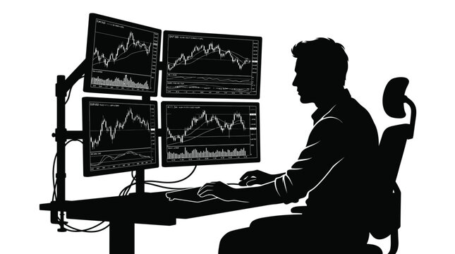 Silhouette vector illustration of a focused male day trader working at a desk with four computer monitors displaying complex financial stock market charts and data analysis graphs in black white.