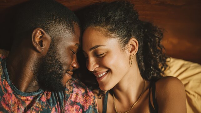 A happy couple in love communicate face-to-face while relaxing in bed.