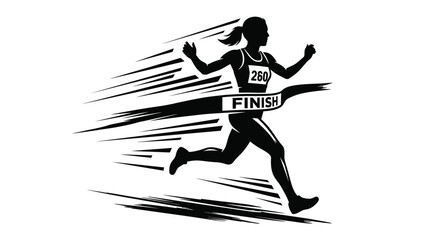 Fototapeta premium Energetic female runner crossing the finish line in a high speed motion vector graphic illustration featuring bold black ink strokes on a clean white background for athletic sports design concepts.