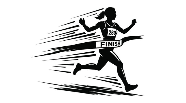 Energetic female runner crossing the finish line in a high speed motion vector graphic illustration featuring bold black ink strokes on a clean white background for athletic sports design concepts.