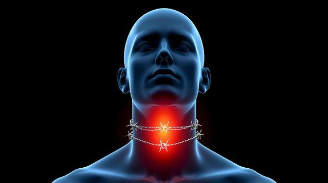 A 3D medical illustration of a blue male figure with a glowing red sore throat wrapped in barbed wire, symbolizing intense pain.