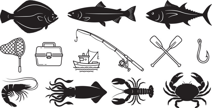 Fishing Equipment, Fish, and Seafood Silhouette Vector Icon Collection